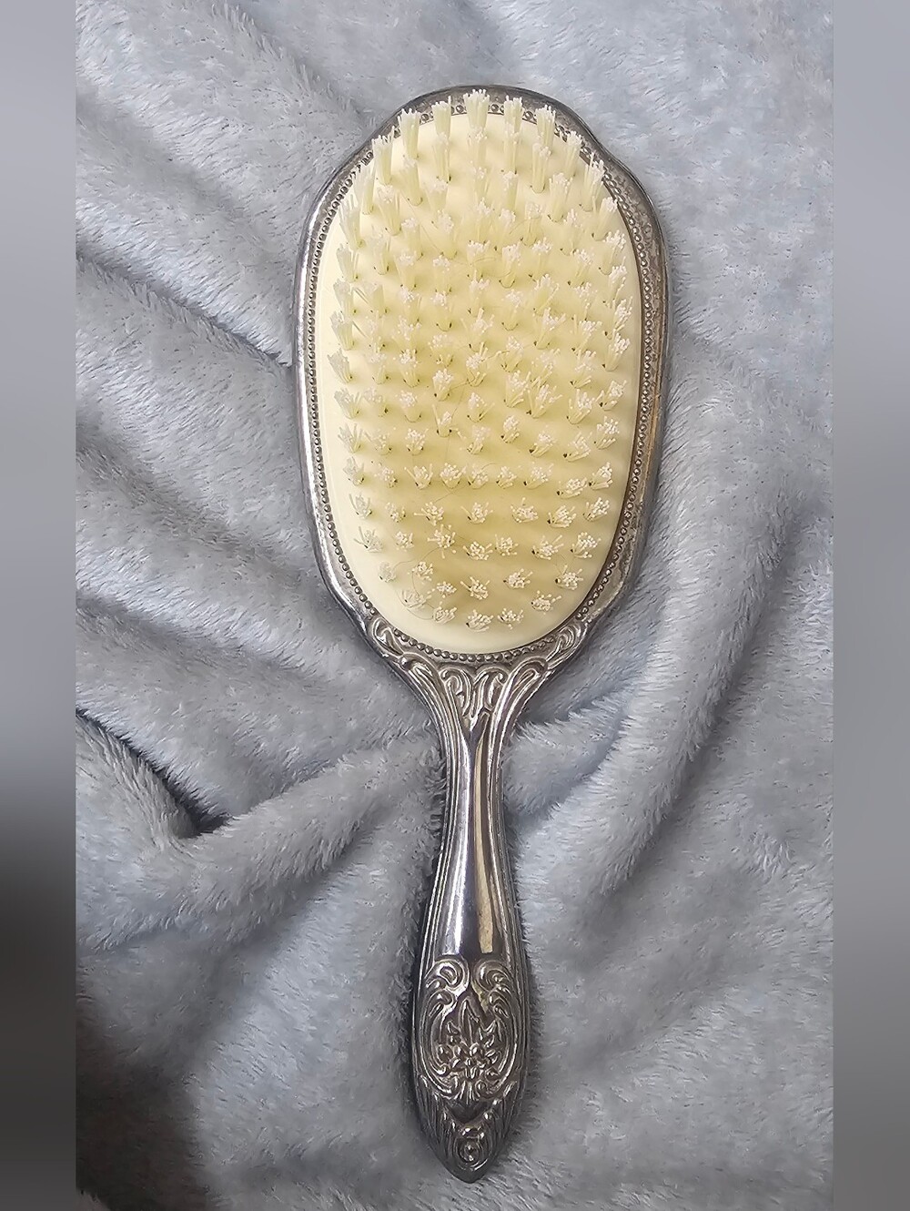 Vintage Vanity Heavy Silver Plate Metal Hair Brush with Raised Floral Design 8"